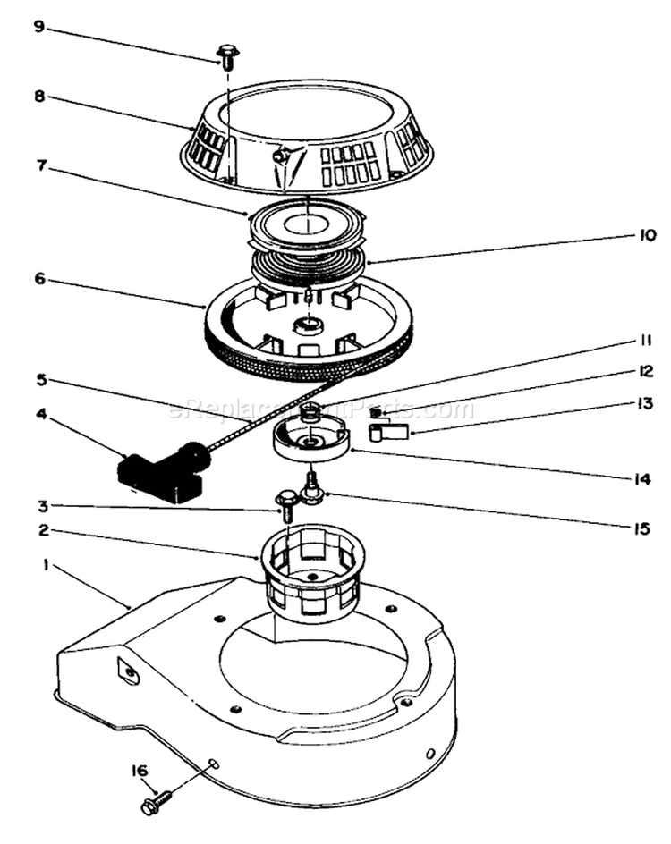 Recoil Assembly Diagram and Parts List for 22043 2000001-2999999 - 1992 Toro Lawn Mower