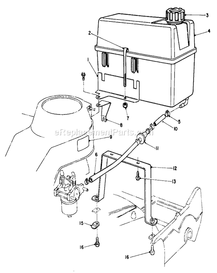 Gas Tank Assembly Diagram and Parts List for 22043 3900001-3900964 - 1993 Toro Lawn Mower