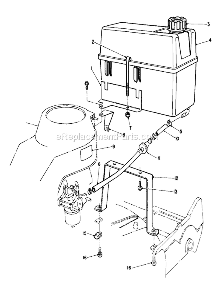 Gas Tank Assembly Diagram and Parts List for 22043 3900965-3999999 - 1993 Toro Lawn Mower