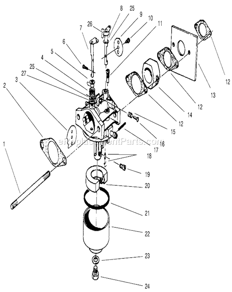 Carburetor Assembly Diagram and Parts List for 22043 7900001-7999999 - 1997 Toro Lawn Mower