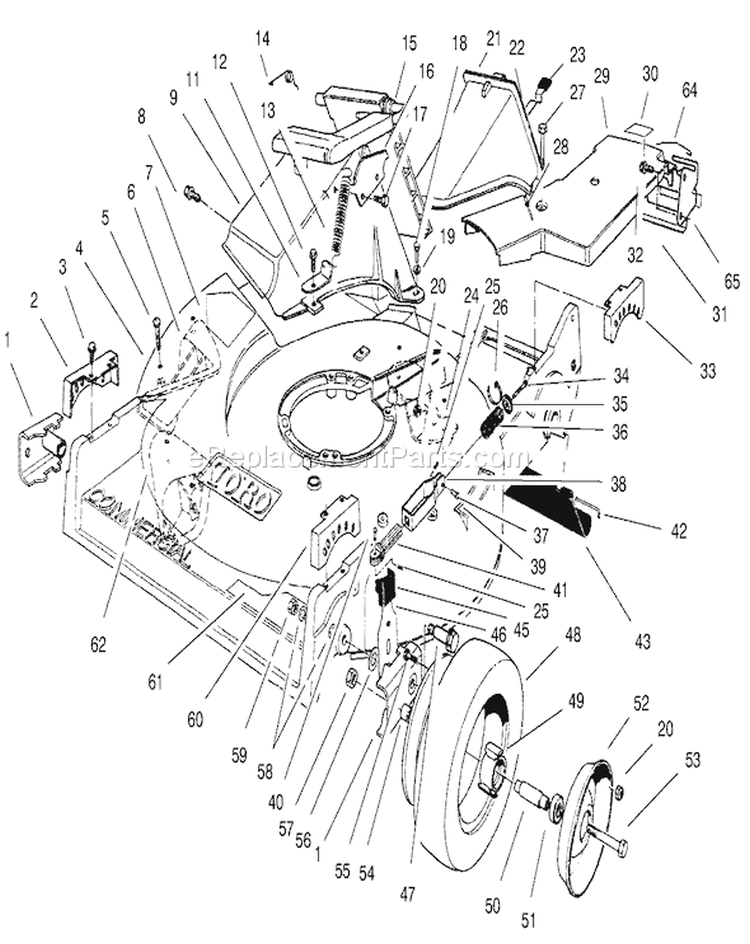 Housing Assembly Diagram and Parts List for 22142 7900001-7999999 - 1997 Toro Lawn Mower
