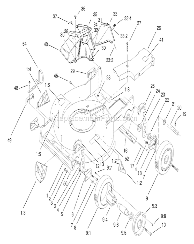 Housing Assembly Diagram and Parts List for 22160 8900001-8999999 - 1998 Toro Lawn Mower