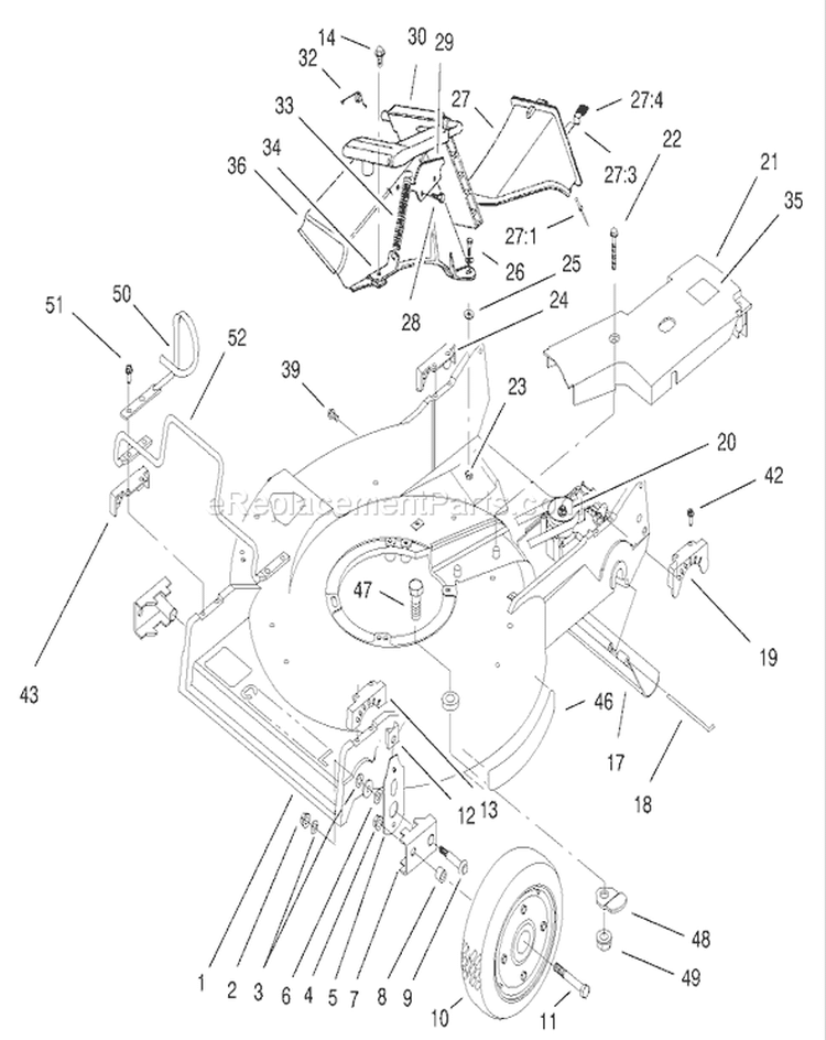 Housing Assembly Diagram and Parts List for 22162 210000001-210999999 - 2001 Toro Lawn Mower