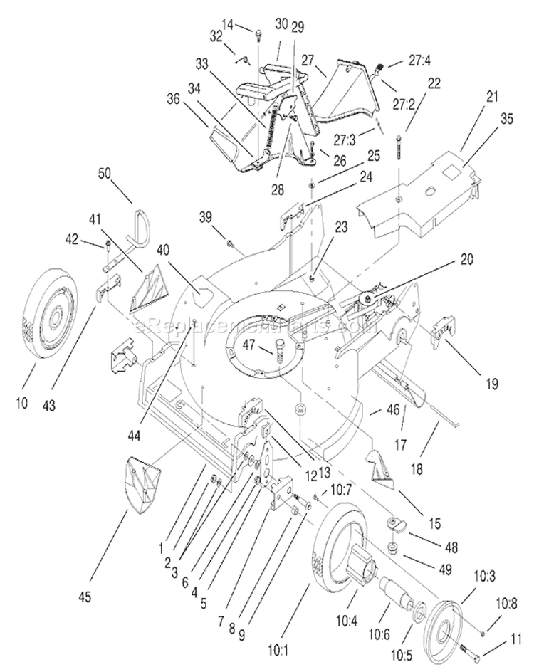 Housing Assembly Diagram and Parts List for 22162 9900001-9999999 - 1999 Toro Lawn Mower