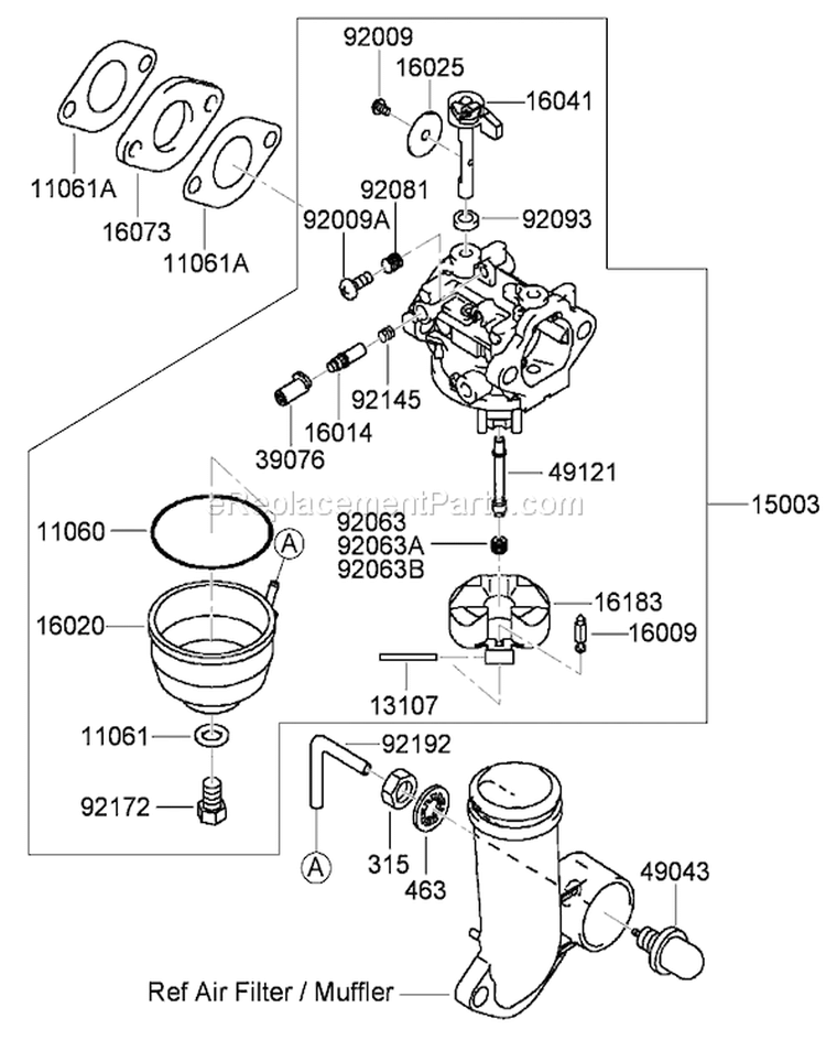 Carburetor Assembly Diagram and Parts List for 22164TE 290000001-290999999 - 2009 Toro Lawn Mower