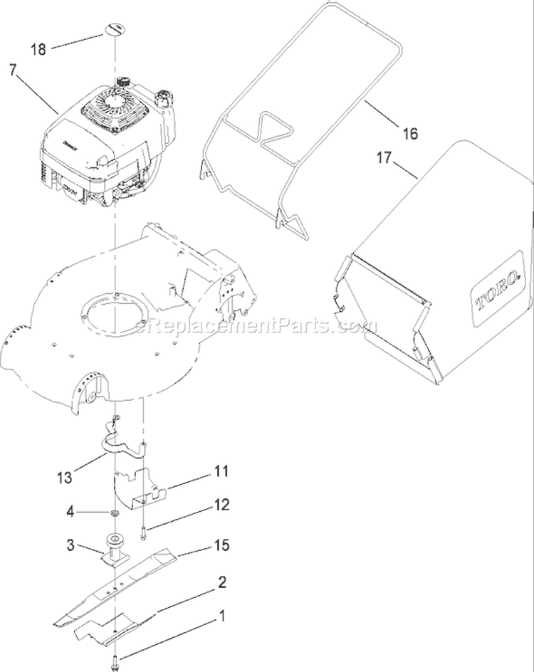 Engine, Blade and Bag Assembly Diagram and Parts List for 22164TE 280000001-280999999 - 2008 Toro Lawn Mower