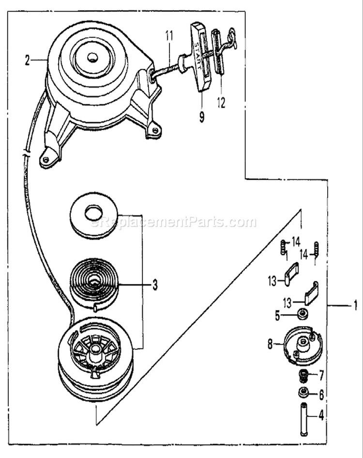 Recoil Starter Assembly Diagram and Parts List for 22166 230000001-230999999 - 2003 Toro Lawn Mower
