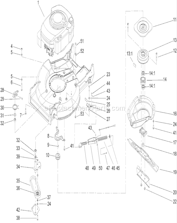 Engine, Belt and Blade Assembly Diagram and Parts List for 22168TE 250000001-250999999 - 2005 Toro Lawn Mower