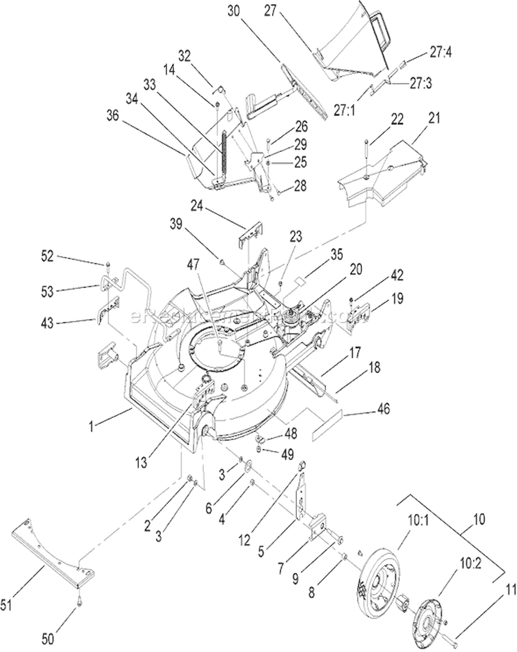 Deck, Chute and Wheel Assembly Diagram and Parts List for 22168TE 250000001-250999999 - 2005 Toro Lawn Mower