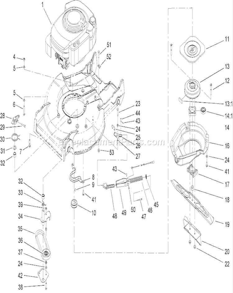 Engine and Belt and Blade Assembly Diagram and Parts List for 22168 240000001-240999999 - 2004 Toro Lawn Mower