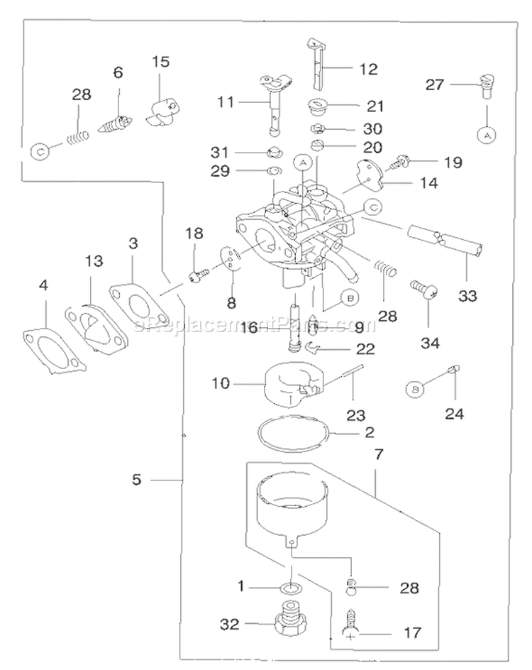 Carburetor Diagram and Parts List for 22170 200000001-200999999 - 2000 Toro Lawn Mower