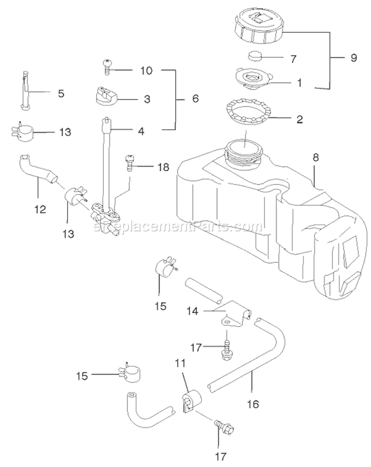 Fuel Tank and Valve Assembly Diagram and Parts List for 22170 230000001-230999999 - 2003 Toro Lawn Mower