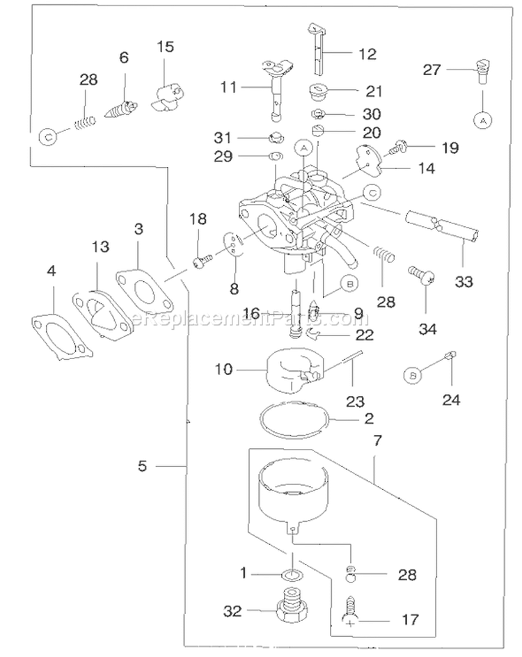 Carburetor Diagram and Parts List for 22170 9900001-9999999 - 1999 Toro Lawn Mower