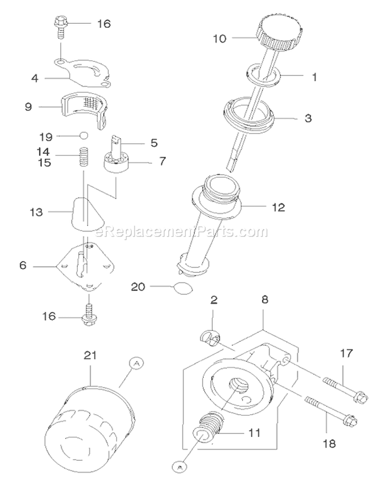 Dipstick and Oil Filter Assembly Diagram and Parts List for 22171 220000001-220999999 - 2002 Toro Lawn Mower