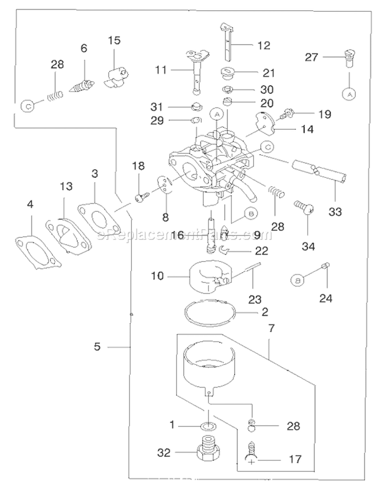 Carburetor Diagram and Parts List for 22172 200000001-200999999 - 2000 Toro Lawn Mower