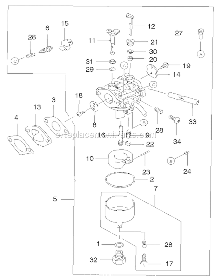 Carburetor Assembly Diagram and Parts List for 22172 220000001-220999999 - 2002 Toro Lawn Mower