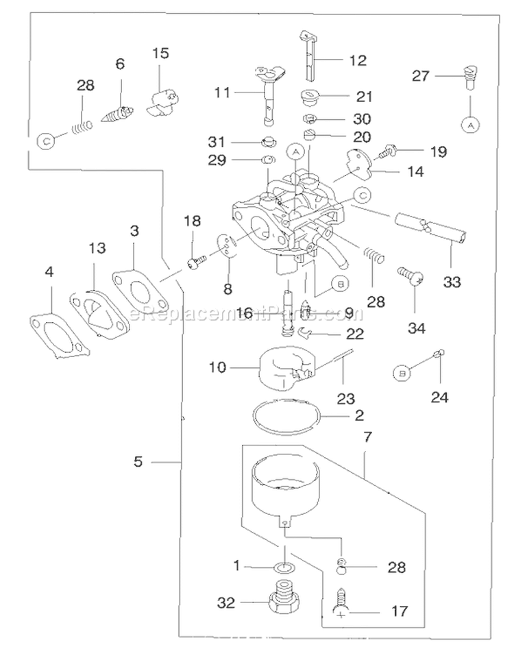 Carburetor Diagram and Parts List for 22172 9900001-9999999 - 1999 Toro Lawn Mower