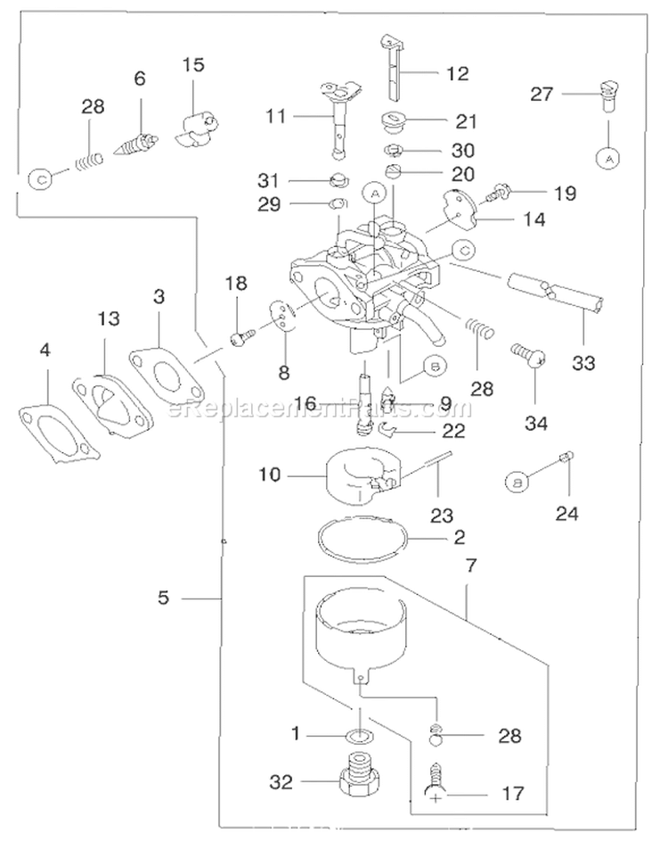 Carburetor Diagram and Parts List for 22173 200000001-200999999 - 2000 Toro Lawn Mower