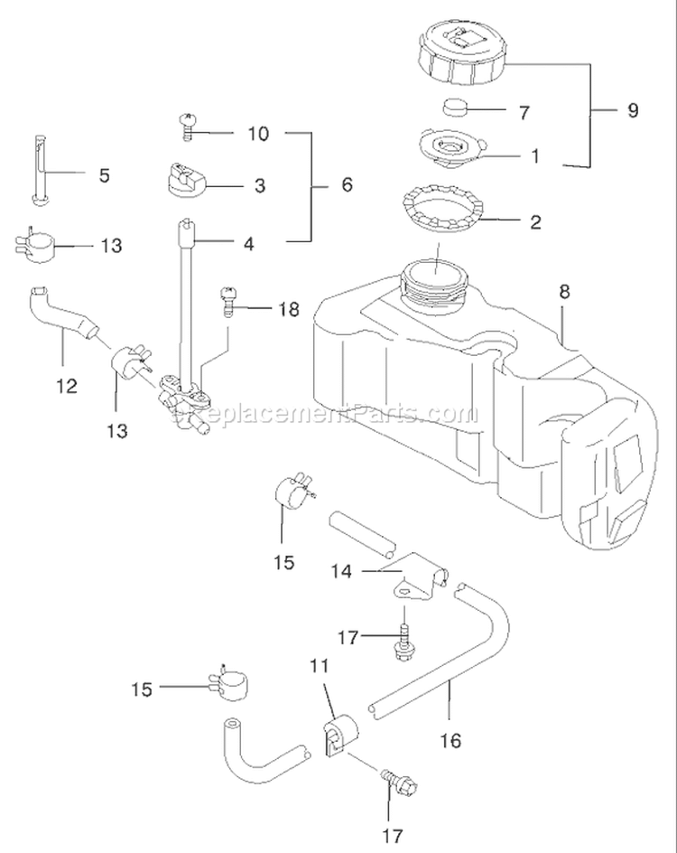 Fuel Tank and Valve Assembly Diagram and Parts List for 22173 230000001-230999999 - 2003 Toro Lawn Mower