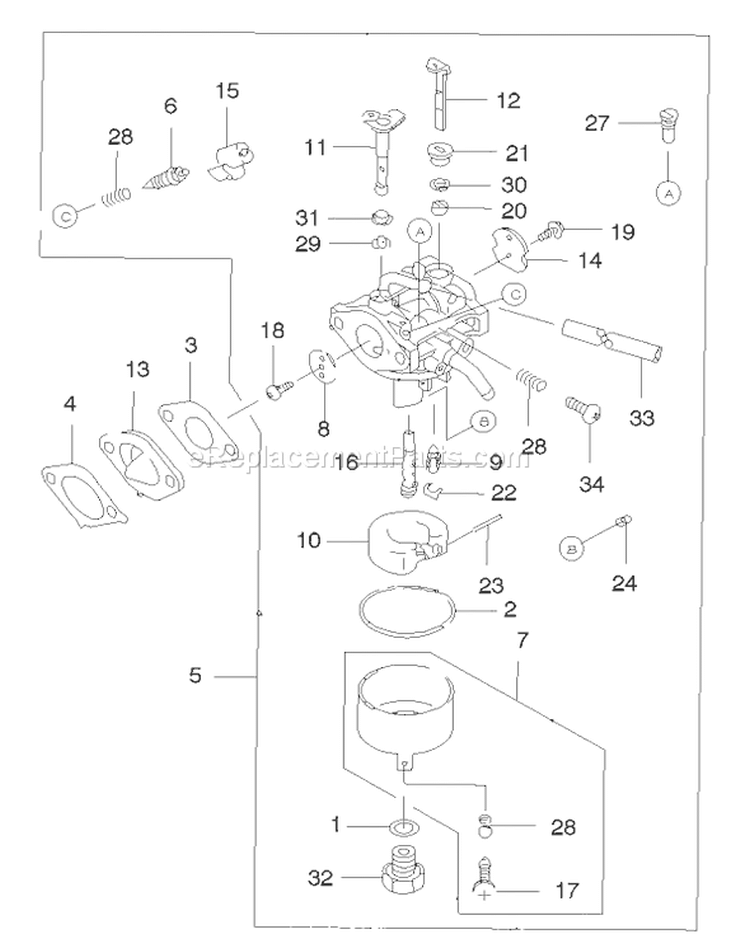Carburetor Assembly Diagram and Parts List for 22174 230000001-230999999 - 2003 Toro Lawn Mower