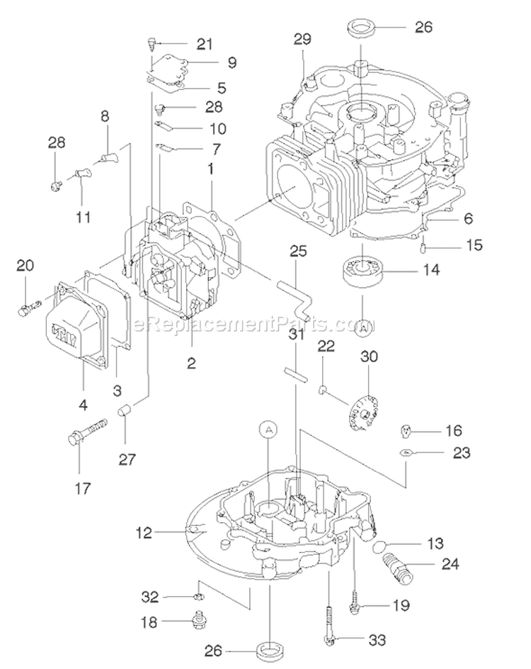 Cylinder and Crankcase Assembly Diagram and Parts List for 22174 230000001-230999999 - 2003 Toro Lawn Mower