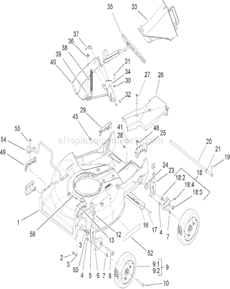 Deck, Chute and Wheel Assembly Diagram and Parts List for 22175 240000001-240999999 - 2004 Toro Lawn Mower