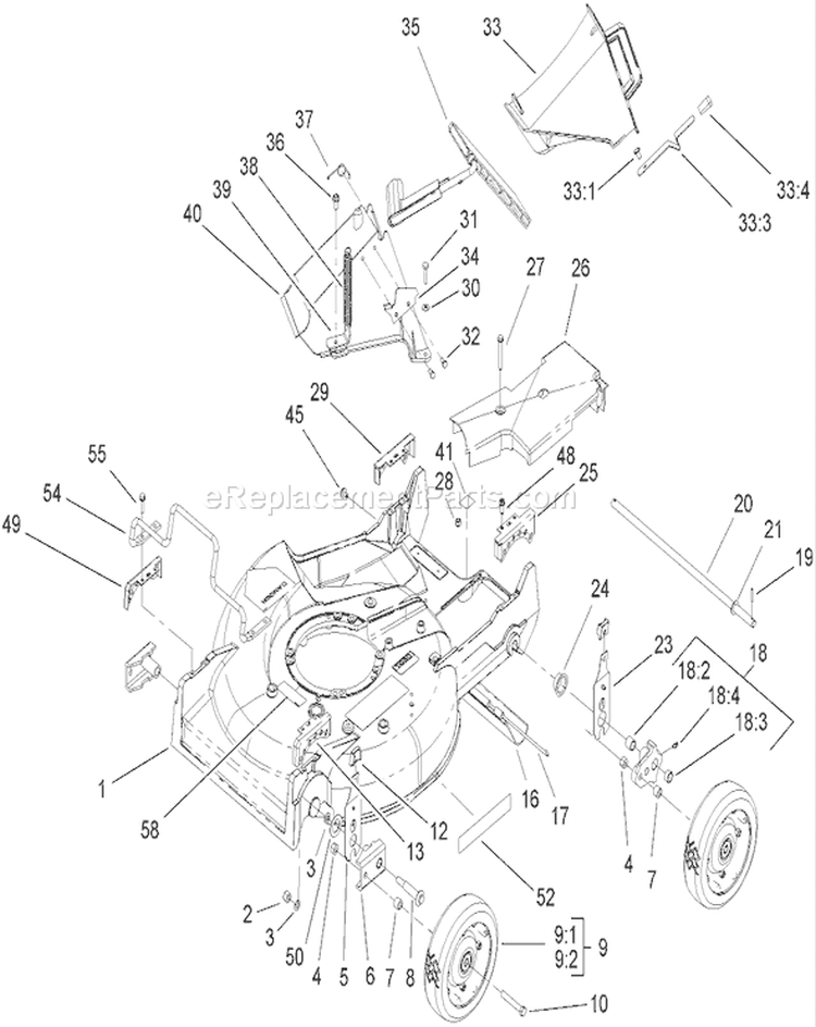 Deck, Chute and Wheel Assembly Diagram and Parts List for 22175 250000001-250999999 - 2005 Toro Lawn Mower