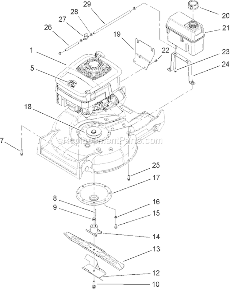 Engine and Blade Assembly Diagram and Parts List for 22176 250000001-250999999 - 2005 Toro Lawn Mower