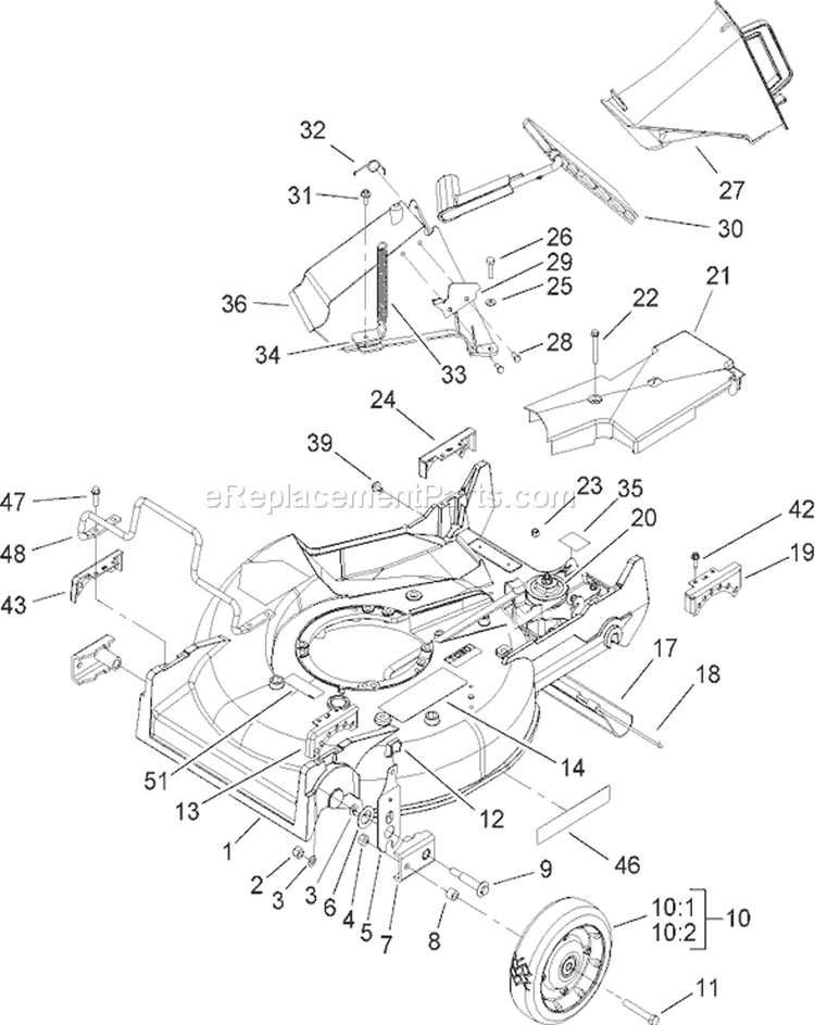 Deck, Chute and Wheel Assembly Diagram and Parts List for 22176 240000001-240999999 - 2004 Toro Lawn Mower