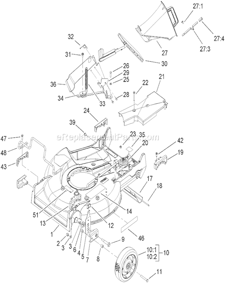 Deck, Chute and Wheel Assembly Diagram and Parts List for 22176 250000001-250999999 - 2005 Toro Lawn Mower