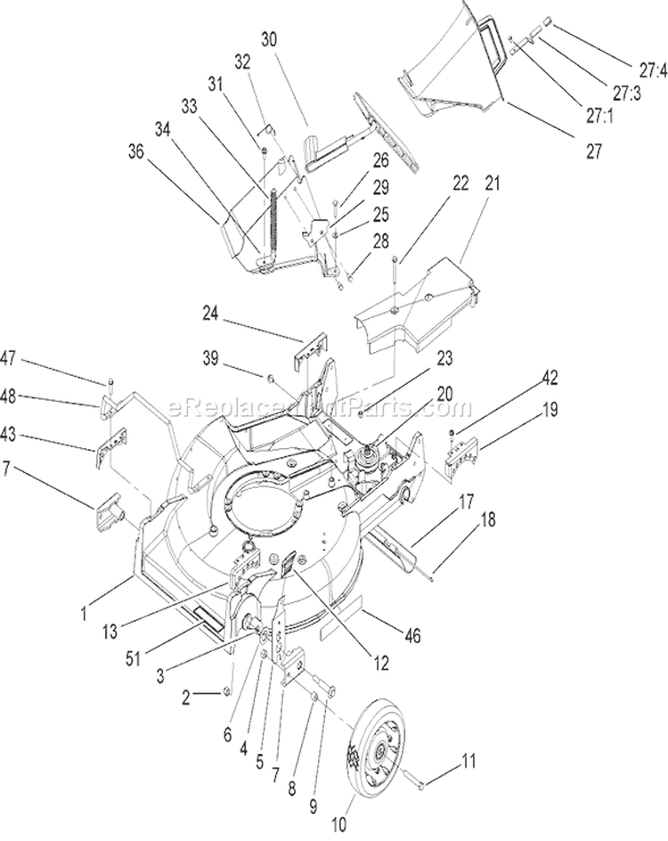 Housing, Chute and Wheel Assembly Diagram and Parts List for 22176 260000001-260999999 - 2006 Toro Lawn Mower