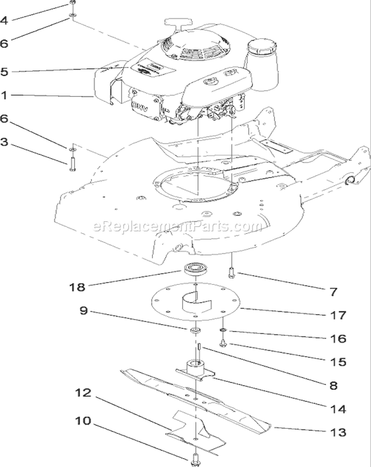 Engine and Blade Assembly Diagram and Parts List for 22195 310000001-310999999 - 2010 Toro Lawn Mower