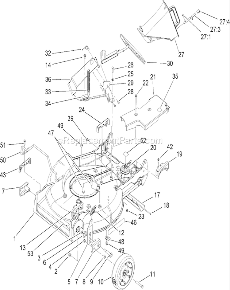 Housing, Chute and Wheel Assembly Diagram and Parts List for 22196 270000001-270999999 - 2007 Toro Lawn Mower
