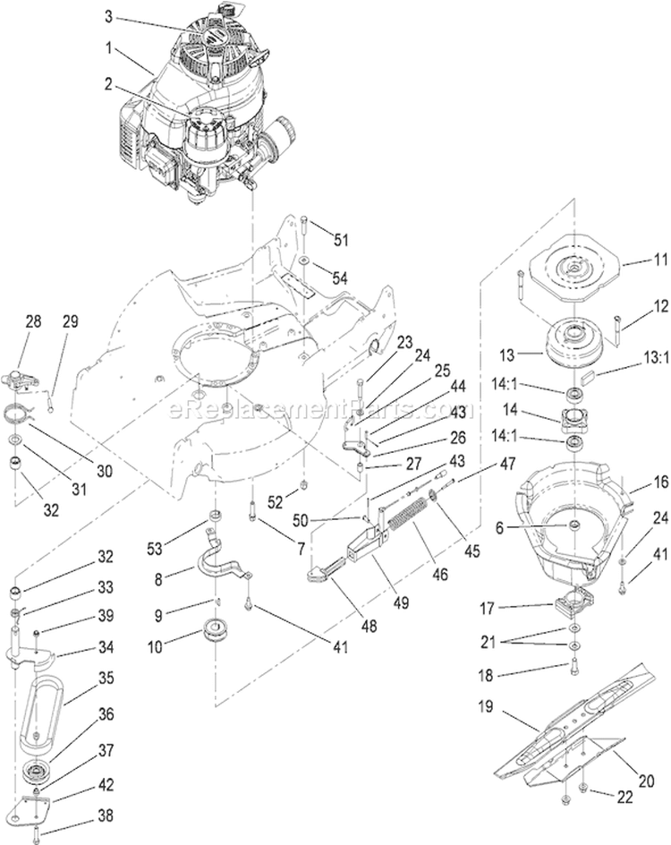 Engine and Blade Assembly Diagram and Parts List for 22198 310000001-310999999 - 2010 Toro Lawn Mower
