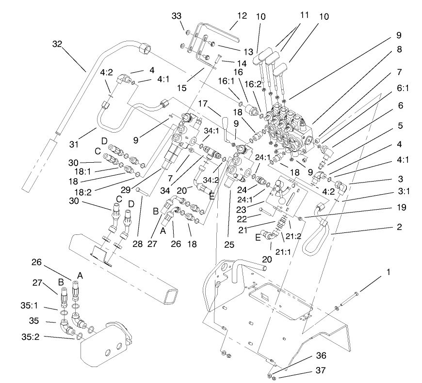 Hydraulic Valves Assembly Diagram and Parts List for 22305 991008 - 999999 Toro Lawn Tractor Accessories