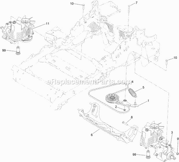 Hydraulic Pump, Idler And Belt Assembly Diagram and Parts List for 74957 314000001-314999999 Toro Lawn Mower