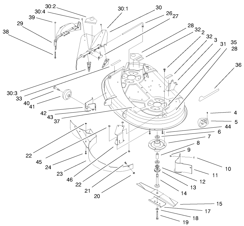 38" Deck Components Diagram and Parts List for 71198 9900001 - 9999999 Toro Lawn Tractor