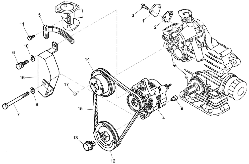 Alternator, Pulley And Fuel Pump Cover Assembly Diagram and Parts List for 74264TE (310000001-310999999)(2010) Toro Lawn Mower