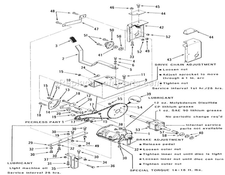 Transmission, Differential And Drive System Diagram and Parts List for 23-11BP03 1984 Toro Lawn Tractor