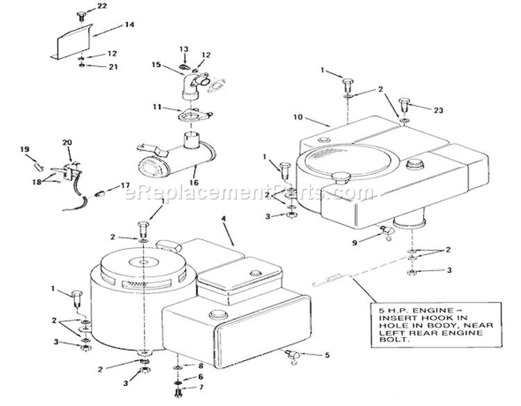 Engine, Throttle Control And Exhaust System Diagram and Parts List for 23-11BP01 1982 Toro Lawn Tractor