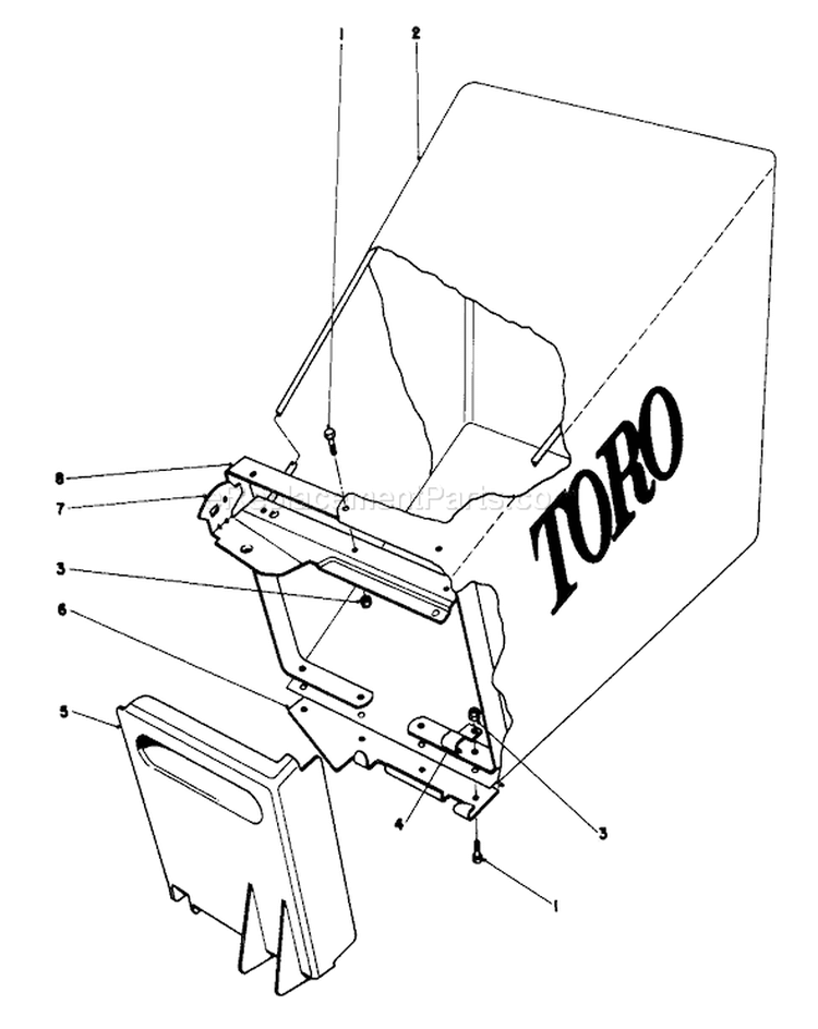 Grass Bag Assembly Diagram and Parts List for 23333 8000001-8999999 - 1978 Toro Lawn Mower