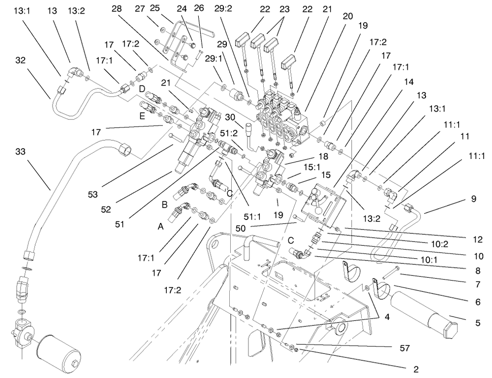 Hydraulic Assembly Diagram and Parts List for 22304 890001 - 899999 Toro Lawn Tractor Accessories