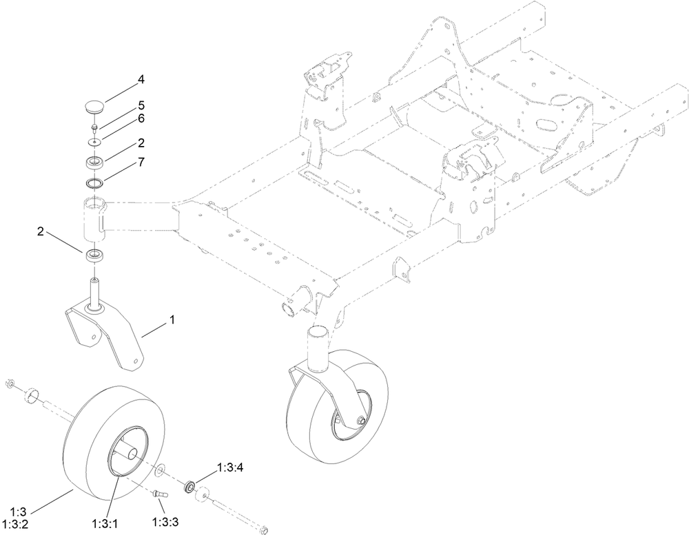 Front Caster Wheel Assembly Diagram and Parts List for 76602 415037654 - 999999999 Toro Lawn Tractor