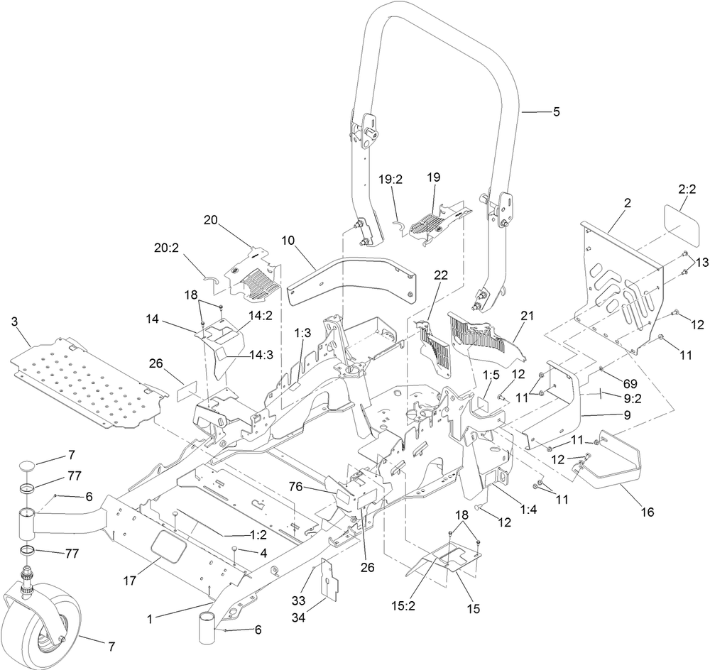 Frame, Caster Wheel And  Roll-Over Protection System Assembly Diagram and Parts List for 74930 316000001 - 316999999 Toro Lawn Tractor
