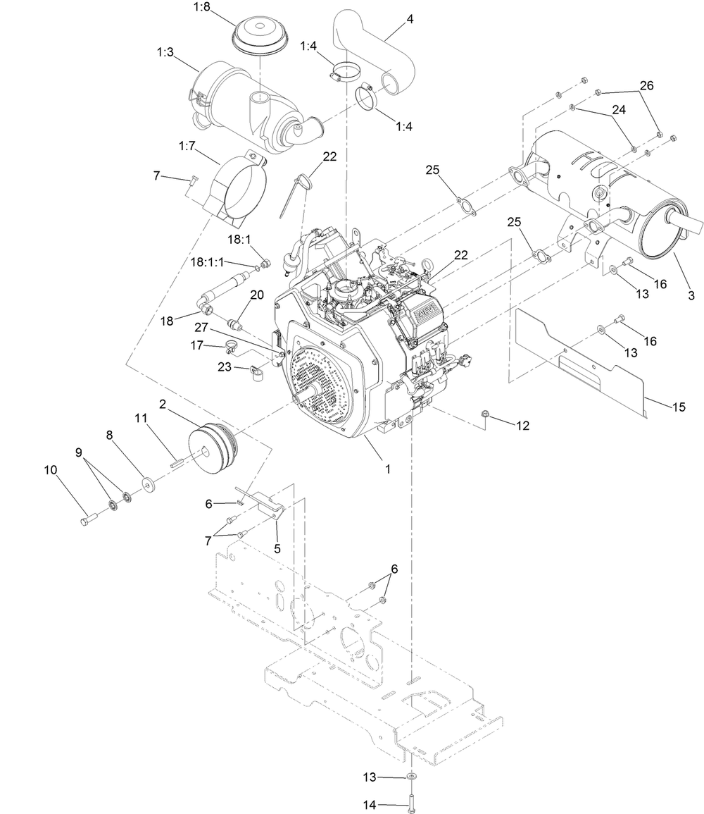 Engine, Muffler And Air Cleaner Assembly Diagram and Parts List for 74311TE 413000000 - 999999999 Toro Lawn Tractor