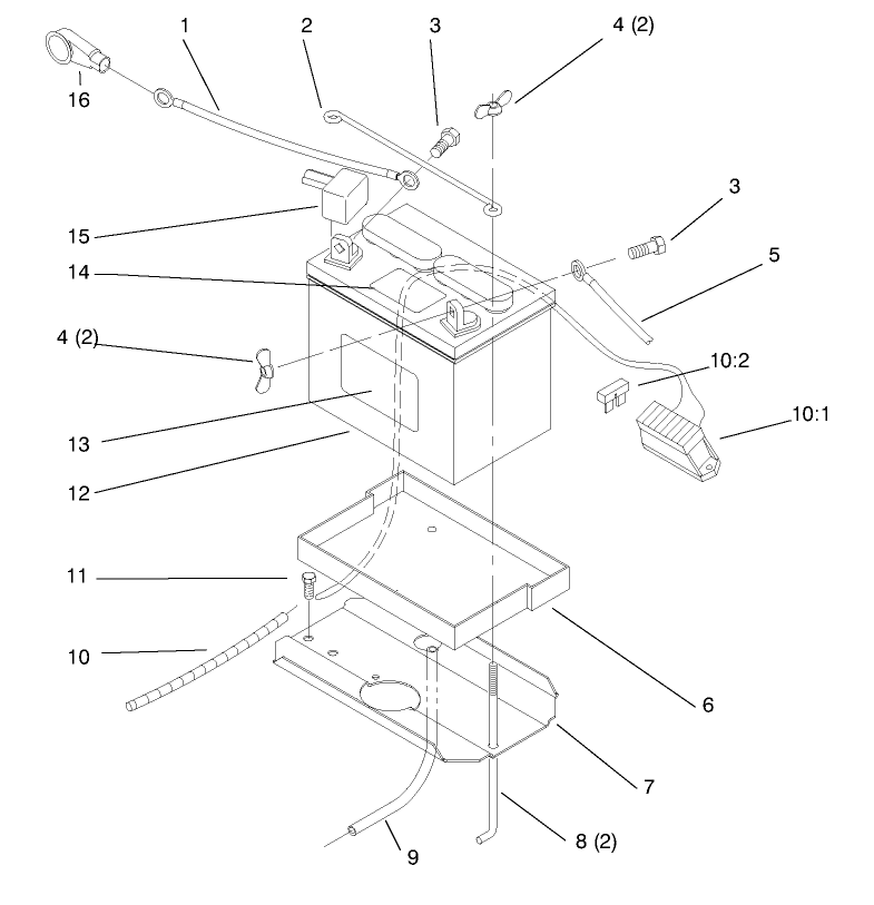 Battery Diagram and Parts List for 72064 8900600 - 8999999 Toro Lawn Tractor