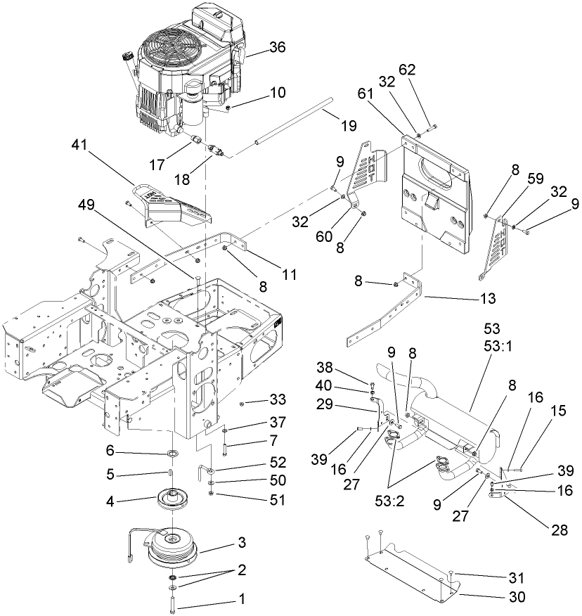 Engine, Clutch And Muffler Assembly Diagram and Parts List for 74416 (270000001-270002000)(2007) Toro Lawn Mower