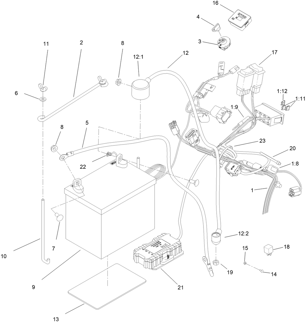 Electrical Harness Assembly Diagram and Parts List for 68141G 400000000 - 415999999 Toro Cement Mixer