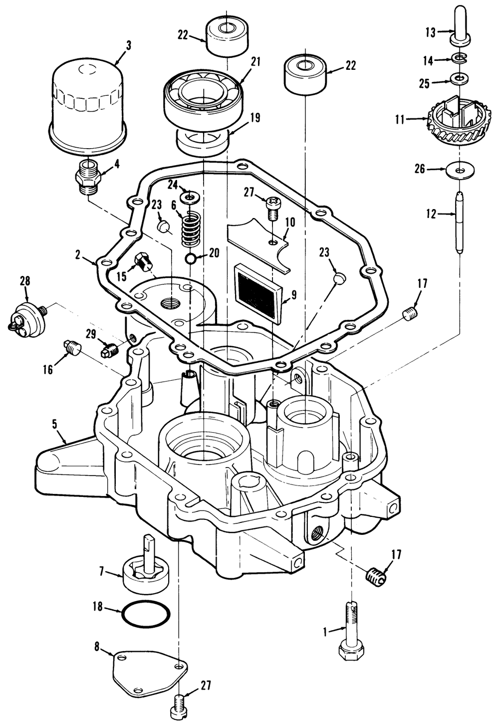 12hp Engine Oil Base And Pump Assembly Diagram and Parts List for 32-120EA1 1000001 - 1999999 Toro Lawn Tractor