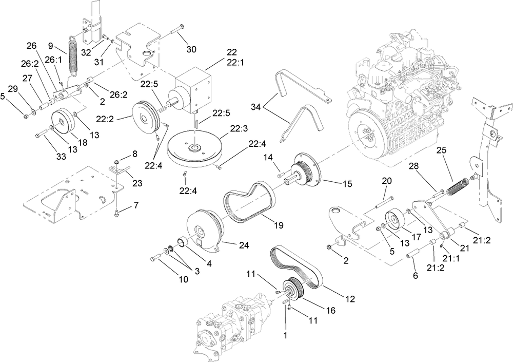 Hydro And Gearbox Drive Assembly Diagram and Parts List for 74264TE (260000001-260999999)(2006) Toro Lawn Mower